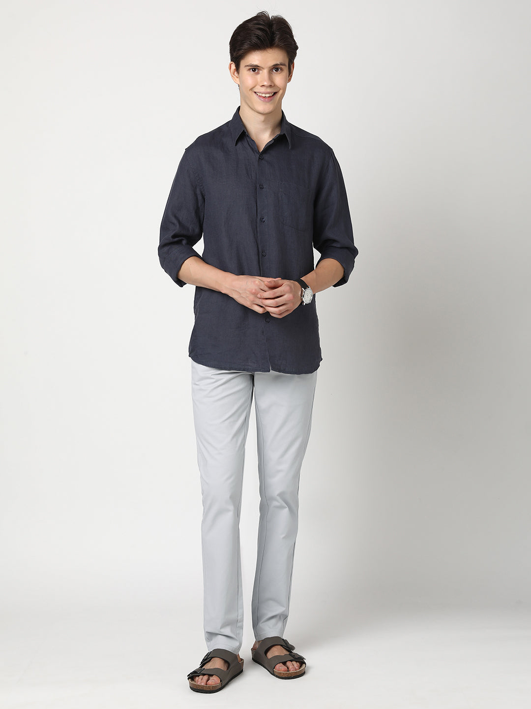 Stitch Hub Grey Cotton Chinos For Men- Regular Fit With Solid Pattern