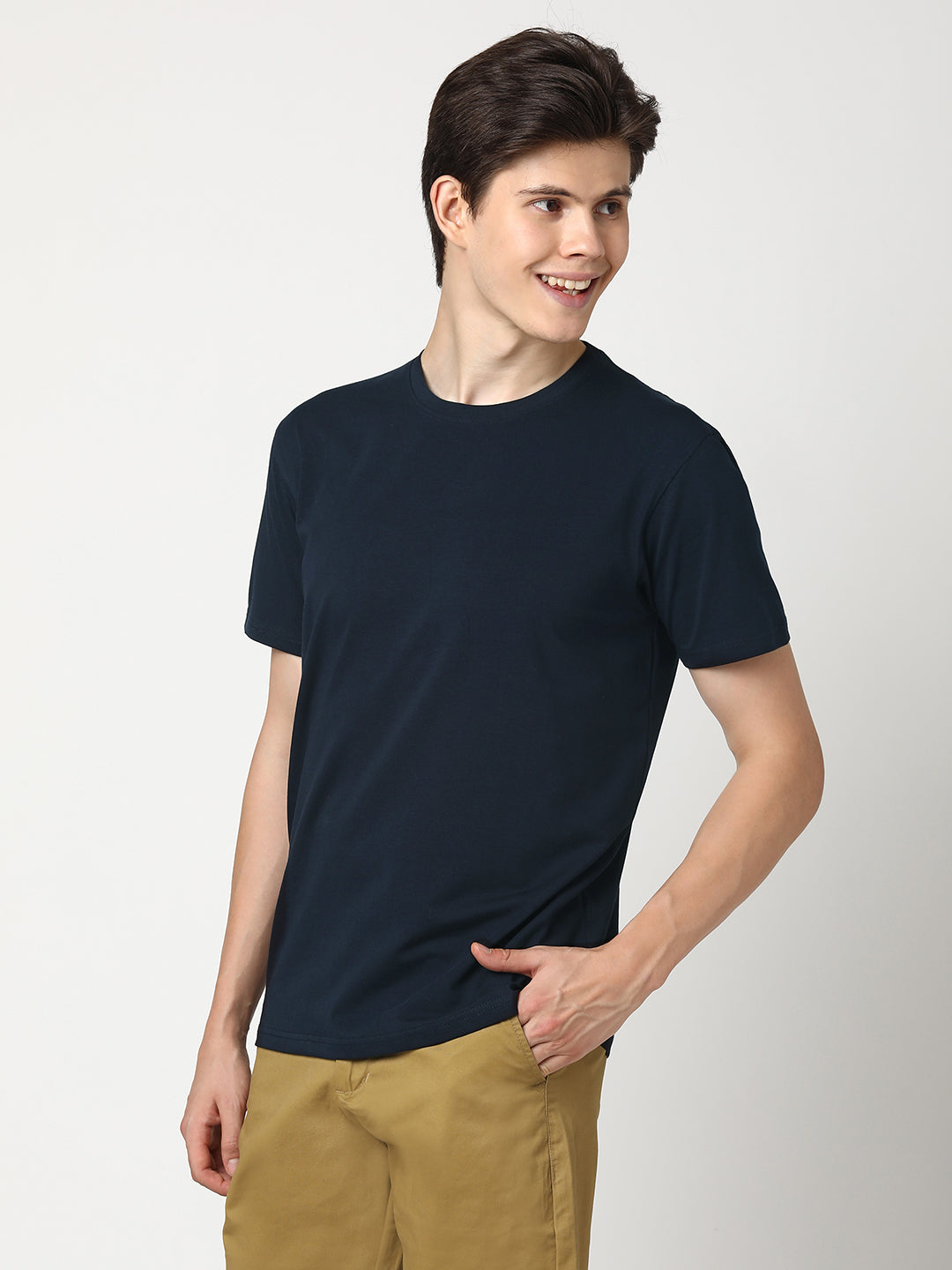 Stitch Hub Men's Navy T-Shirt – Cotton Lycra, Regular Fit, Breathable, Solid Round Neck, Perfect for Casual & Formal Wear