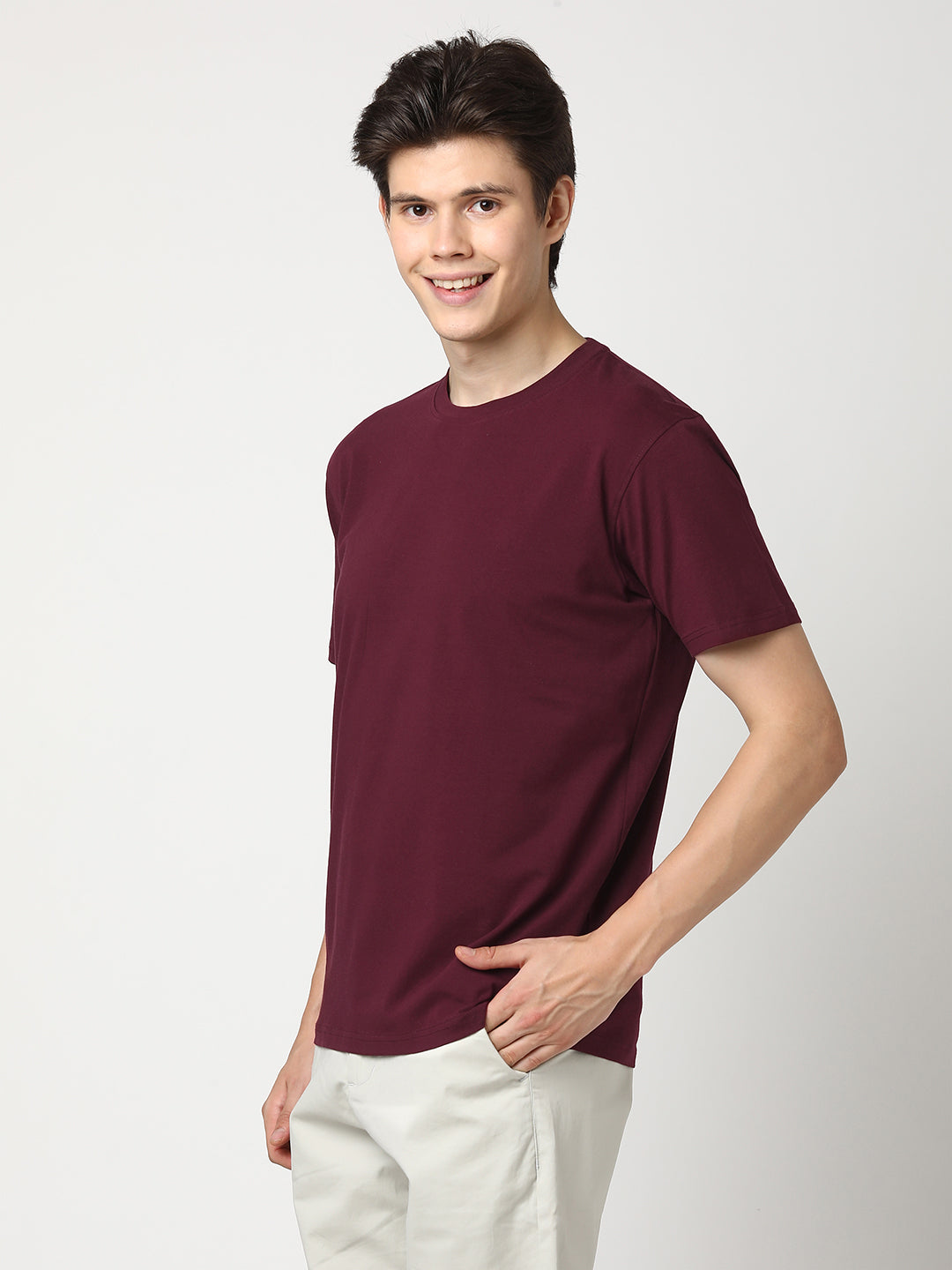 Stitch Hub Men's T-Shirt Cotton Lycra Solid Wine Tee – Regular Fit, Stretchable, Round Neck, Stylish & Casual Wear