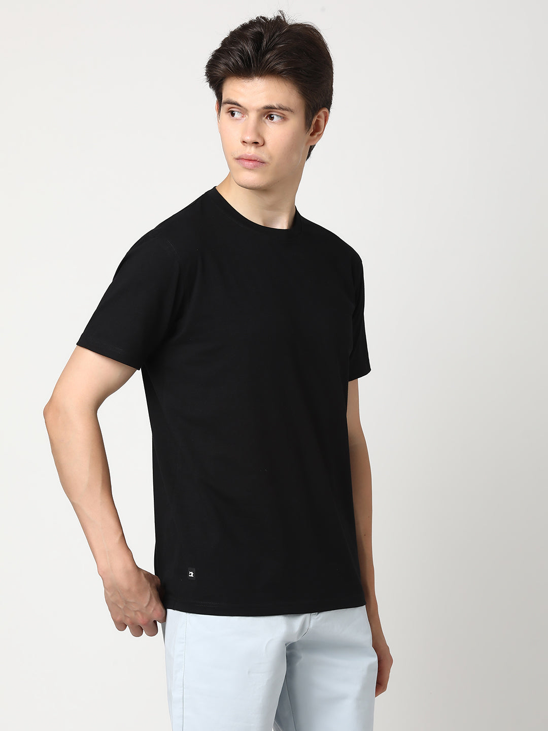 Stitch Hub Men's Solid Black T-Shirt Cotton Lycra - Regular Fit, Stretchable, Round Neck, Versatile for Casual & Formal Wear