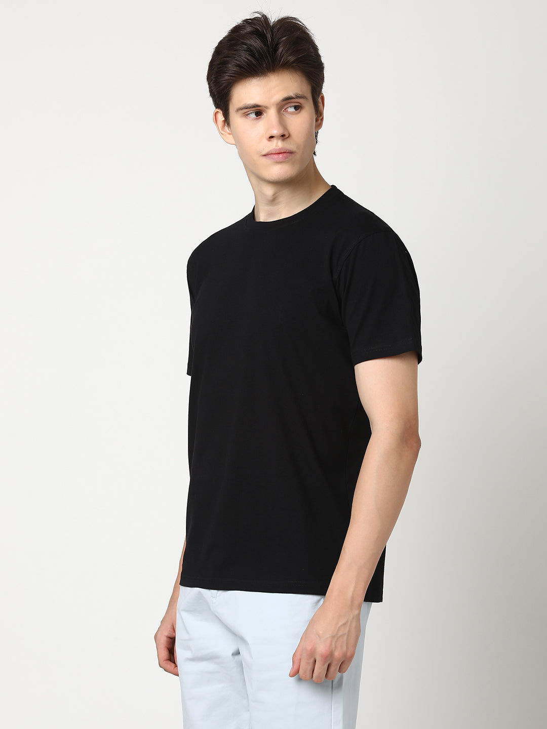 Stitch Hub Men's Solid Black T-Shirt Cotton Lycra - Regular Fit, Stretchable, Round Neck, Versatile for Casual & Formal Wear