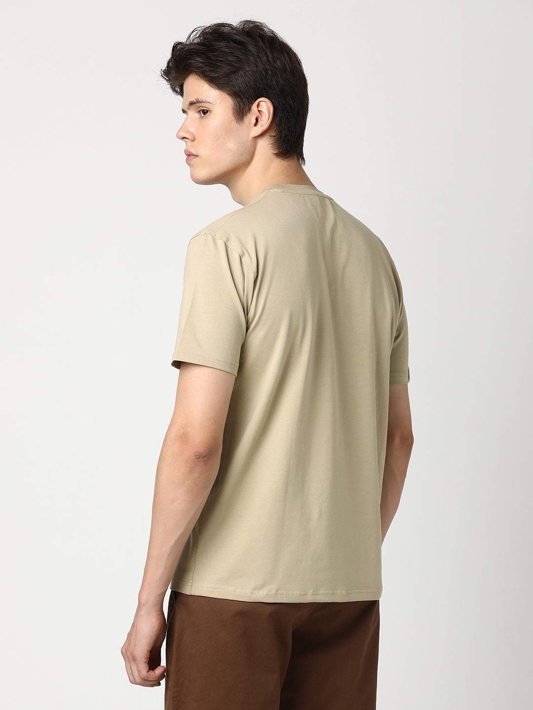 Stitch Hub Men's T-Shirt Cotton Lycra Solid Beige – Regular Fit, Stretchable, Casual & Formal Wear with Round Neck