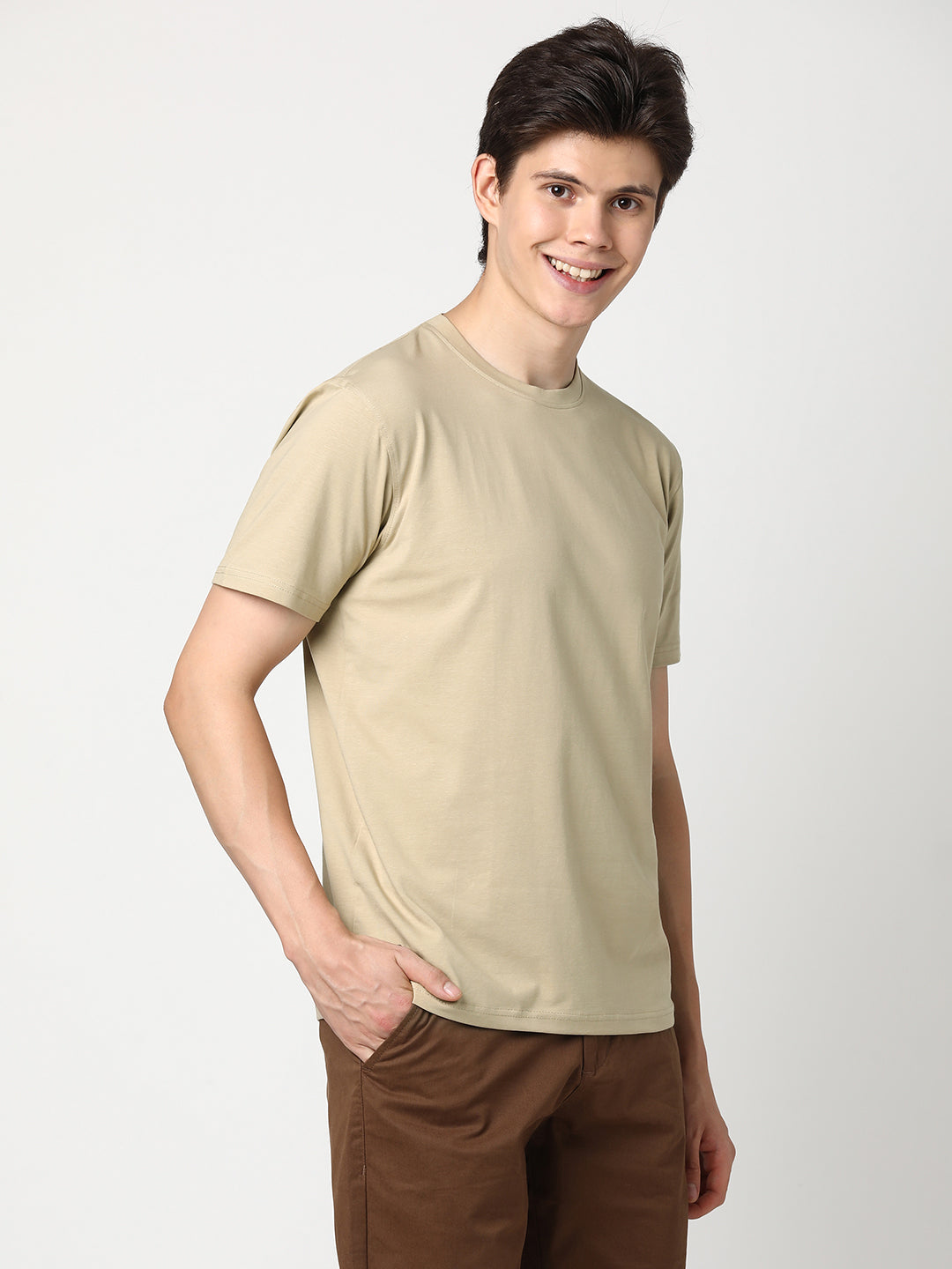 Stitch Hub Men's T-Shirt Cotton Lycra Solid Beige – Regular Fit, Stretchable, Casual & Formal Wear with Round Neck