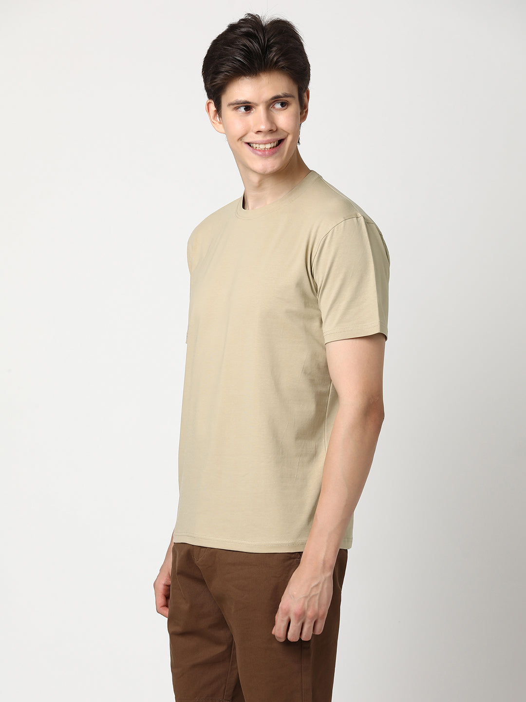 Stitch Hub Men's T-Shirt Cotton Lycra Solid Beige – Regular Fit, Stretchable, Casual & Formal Wear with Round Neck