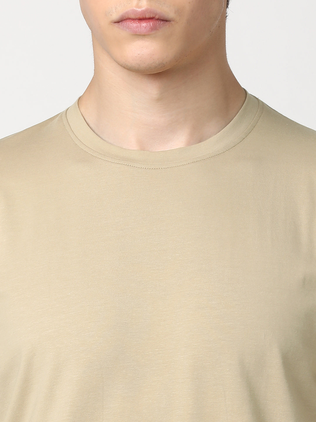 Stitch Hub Men's T-Shirt Cotton Lycra Solid Beige – Regular Fit, Stretchable, Casual & Formal Wear with Round Neck