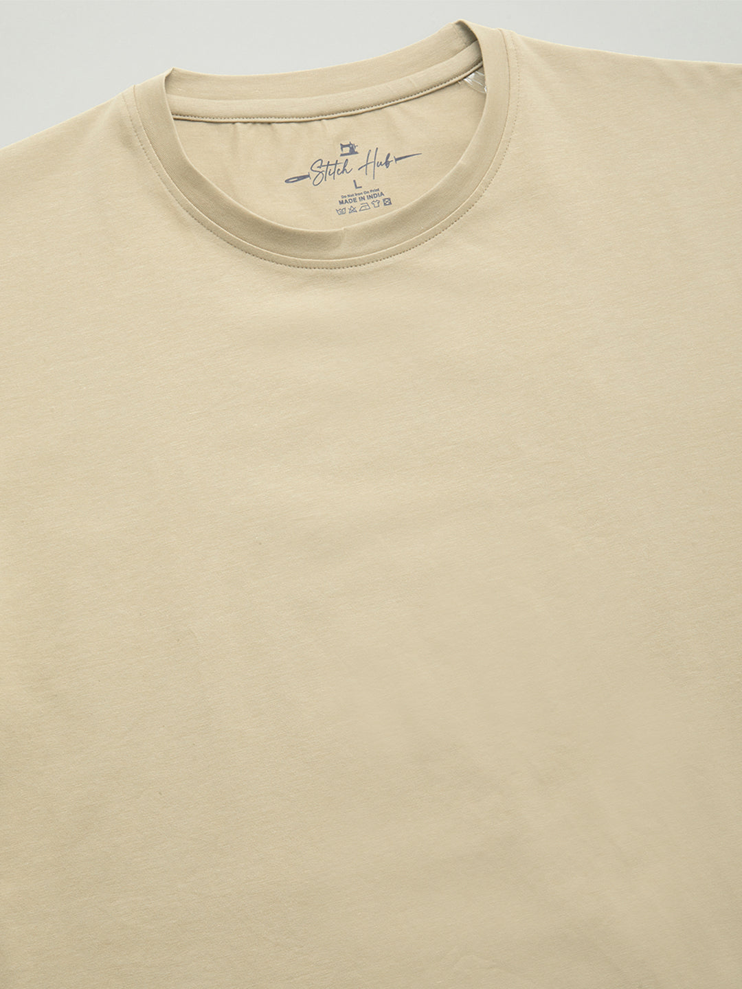 Stitch Hub Men's T-Shirt Cotton Lycra Solid Beige – Regular Fit, Stretchable, Casual & Formal Wear with Round Neck