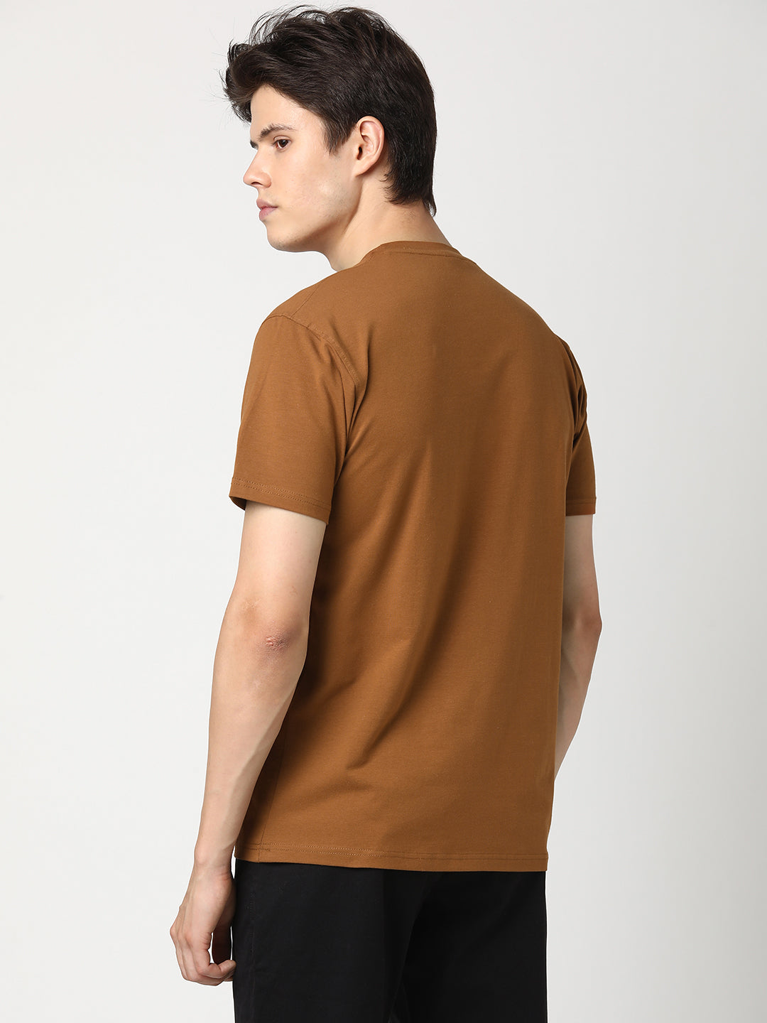 Stitch Hub Men's T-Shirt Cotton Lycra Solid Tan – Regular Fit, Stretchable, Round Neck for Casual & Outdoor Wear