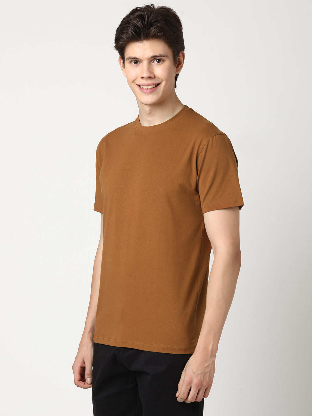 Stitch Hub Men's T-Shirt Cotton Lycra Solid Tan – Regular Fit, Stretchable, Round Neck for Casual & Outdoor Wear