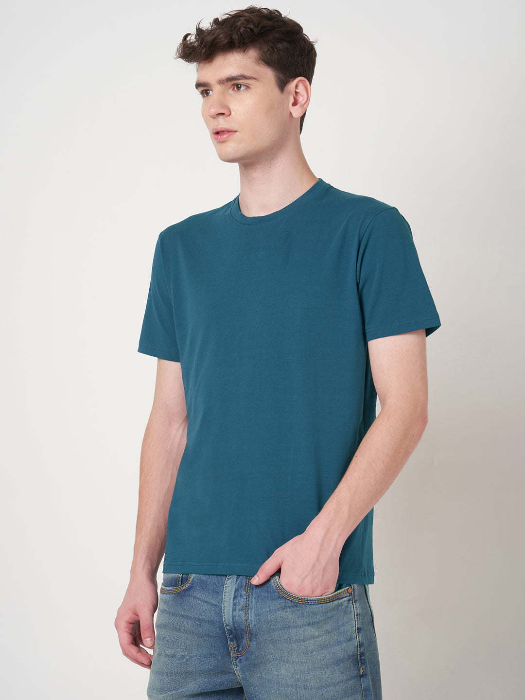 Stitch Hub Men's T-Shirt Cotton Lycra – Regular Fit, Round Neck, Solid Denim, Casual & Formal Wear, Breathable & Stretchable