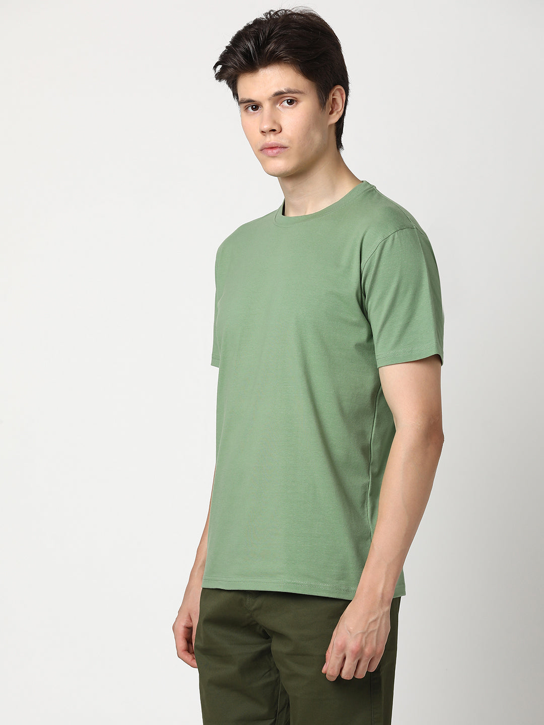 Stitch Hub Men's T-Shirt Cotton Lycra – Regular Fit, Round Neck, Solid Dark Pista, Casual & Formal Wear, Breathable & Stretchable