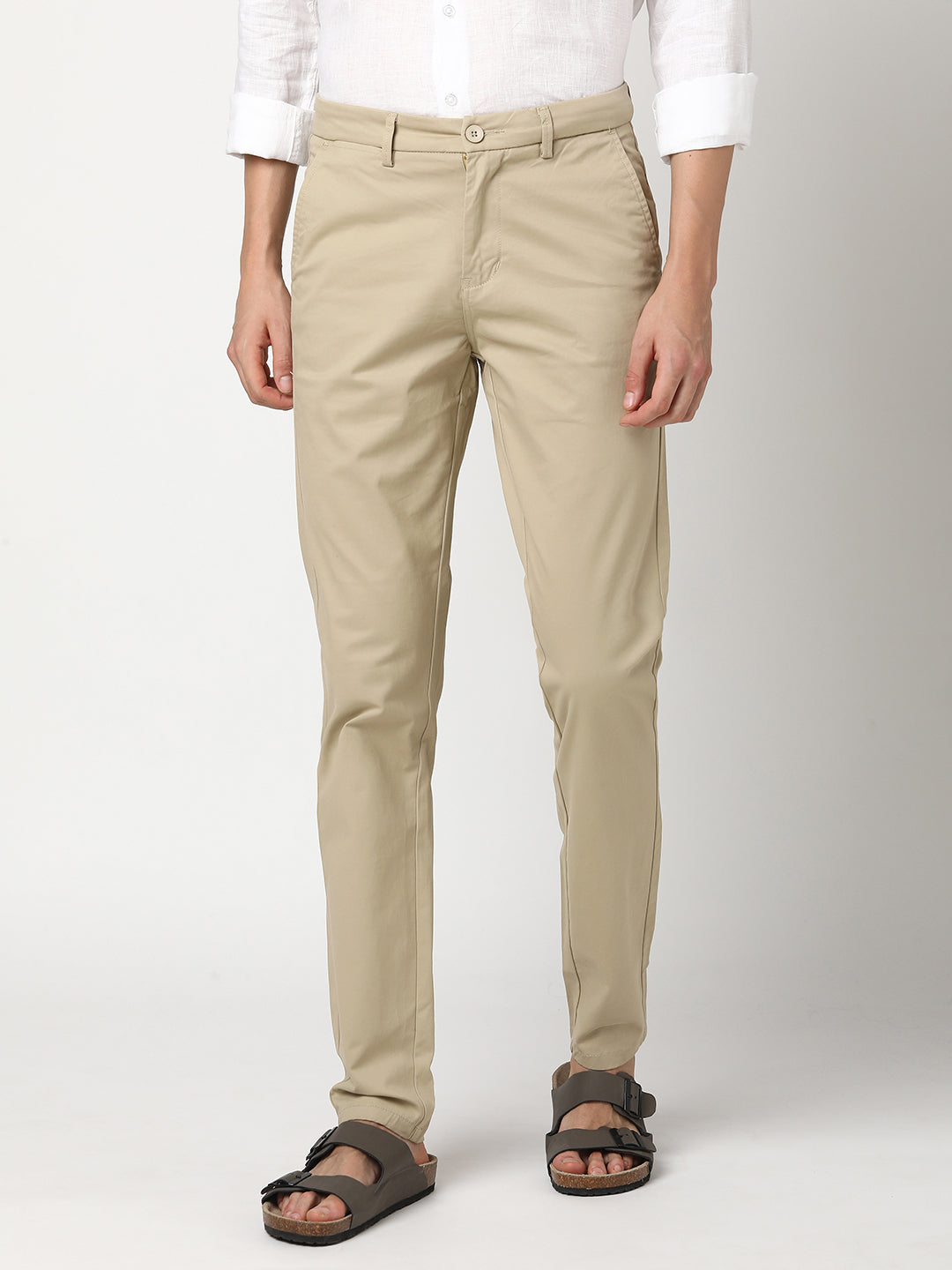 Stitch Hub Tan Cotton Chinos For Men- Regular Fit With Solid Pattern