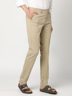 Stitch Hub Tan Cotton Chinos For Men- Regular Fit With Solid Pattern