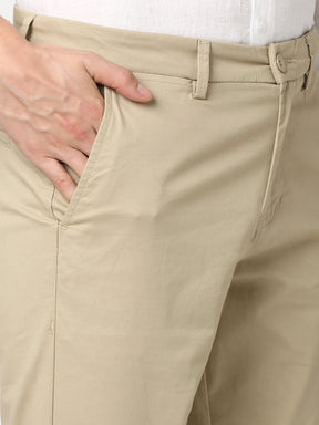 Stitch Hub Tan Cotton Chinos For Men- Regular Fit With Solid Pattern