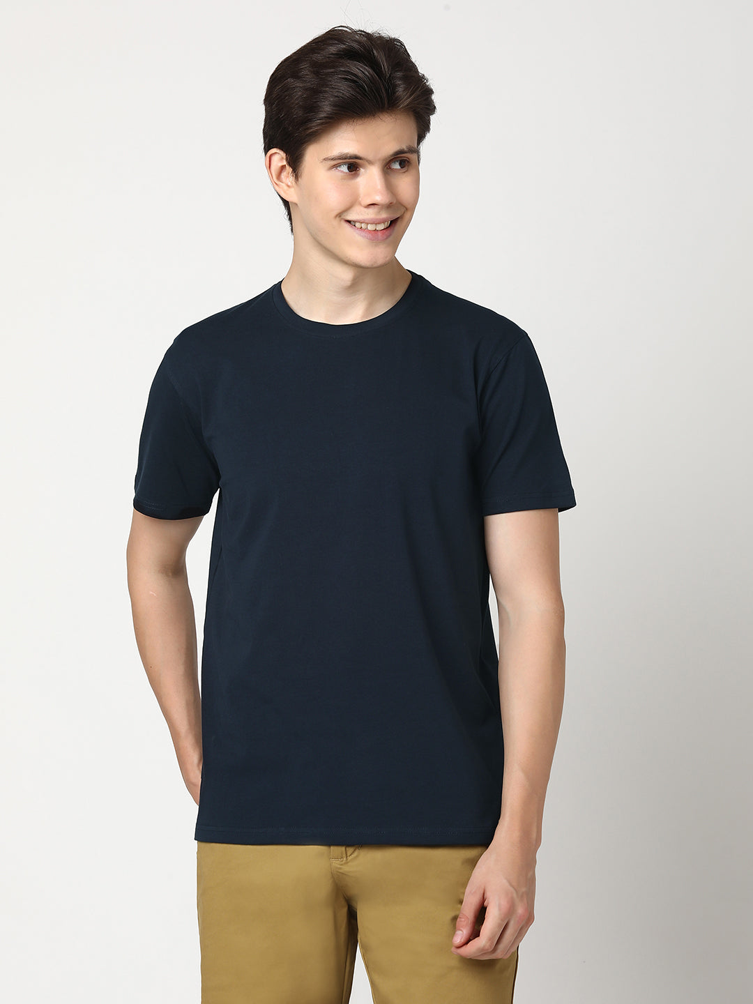 Stitch Hub Men's Navy T-Shirt – Cotton Lycra, Regular Fit, Breathable, Solid Round Neck, Perfect for Casual & Formal Wear