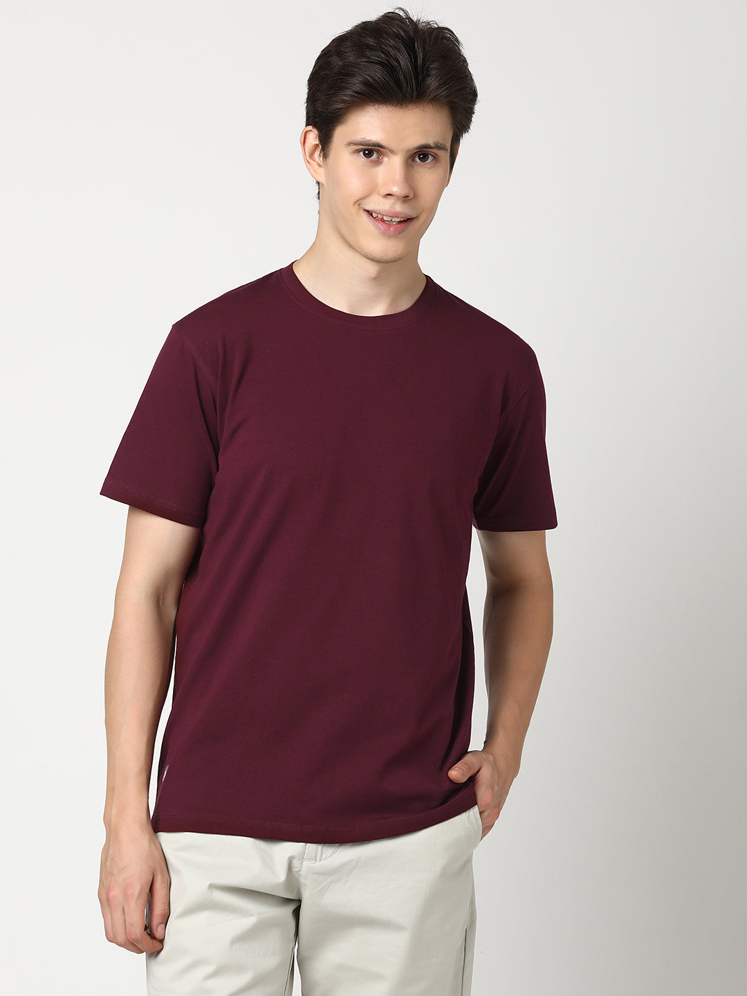 Stitch Hub Men's T-Shirt Cotton Lycra Solid Wine Tee – Regular Fit, Stretchable, Round Neck, Stylish  & Casual Wear