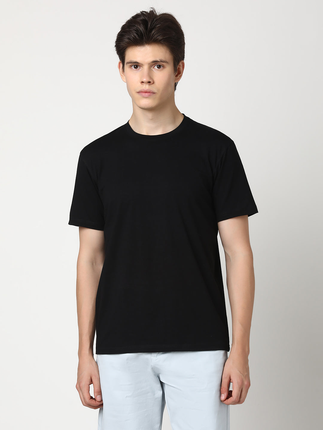 Stitch Hub Men's Solid Black T-Shirt Cotton Lycra - Regular Fit, Stretchable, Round Neck, Versatile for Casual & Formal Wear