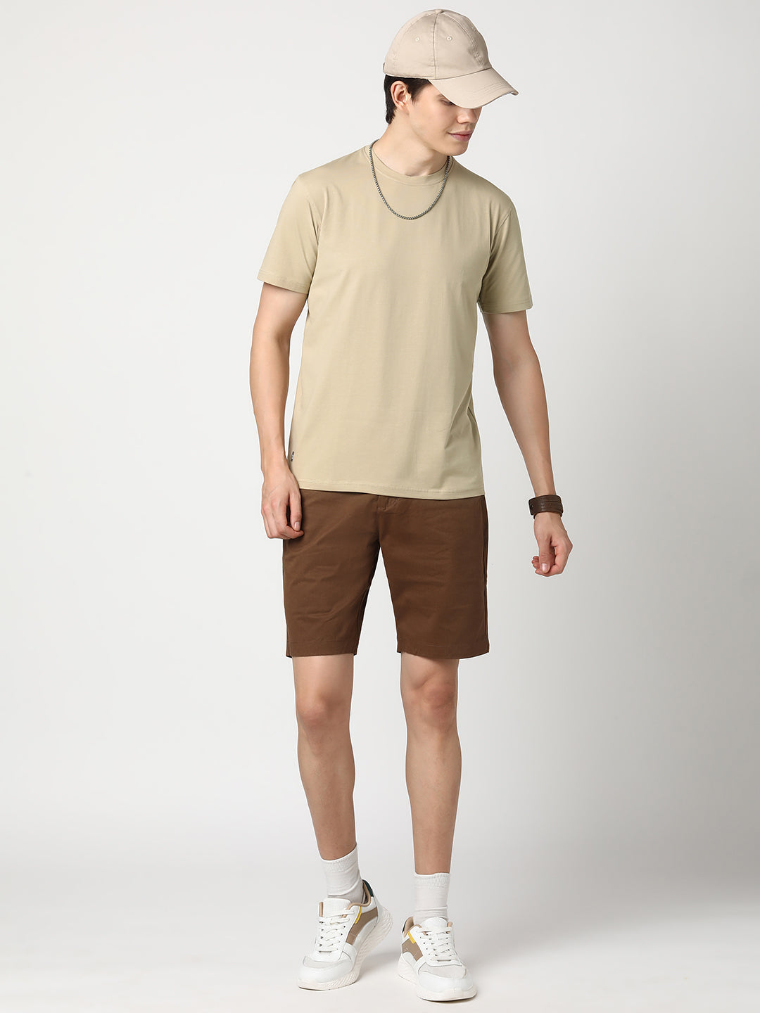 Stitch Hub Men's T-Shirt Cotton Lycra Solid Beige – Regular Fit, Stretchable, Casual & Formal Wear with Round Neck