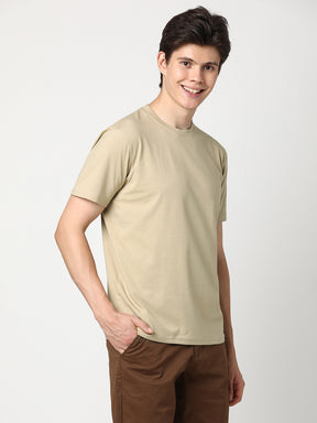 Stitch Hub Men's T-Shirt Cotton Lycra Solid Beige – Regular Fit, Stretchable, Casual & Formal Wear with Round Neck