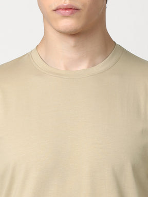 Stitch Hub Men's T-Shirt Cotton Lycra Solid Beige – Regular Fit, Stretchable, Casual & Formal Wear with Round Neck