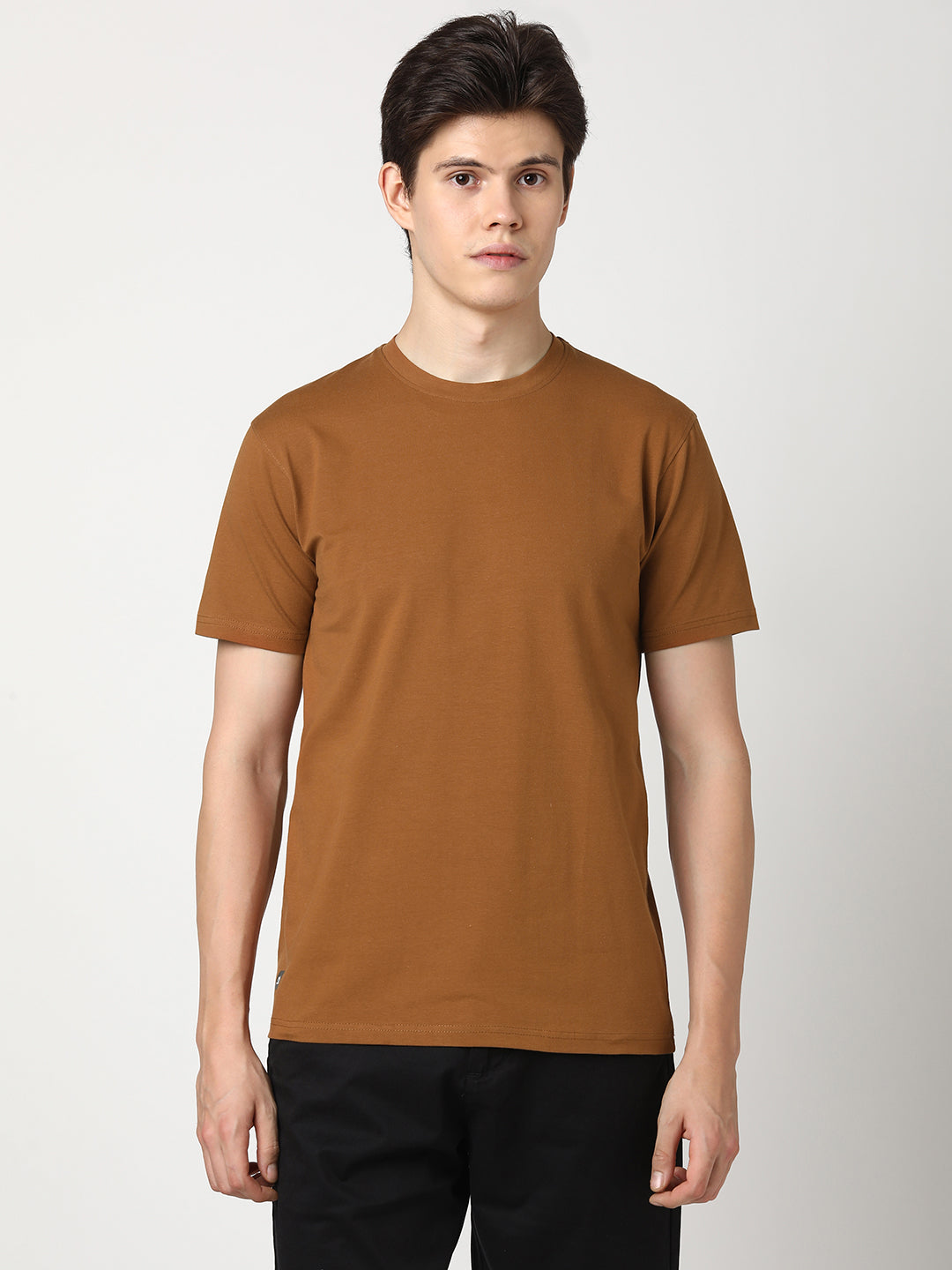 Stitch Hub Men's T-Shirt Cotton Lycra Solid Tan – Regular Fit, Stretchable, Round Neck for Casual & Outdoor Wear