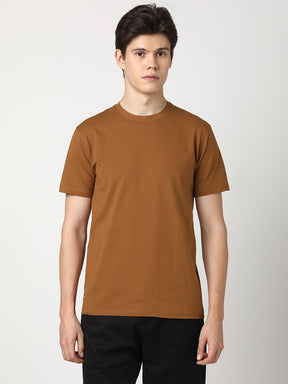 Stitch Hub Men's T-Shirt Cotton Lycra Solid Tan – Regular Fit, Stretchable, Round Neck for Casual & Outdoor Wear