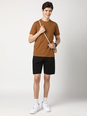 Stitch Hub Men's T-Shirt Cotton Lycra Solid Tan – Regular Fit, Stretchable, Round Neck for Casual & Outdoor Wear