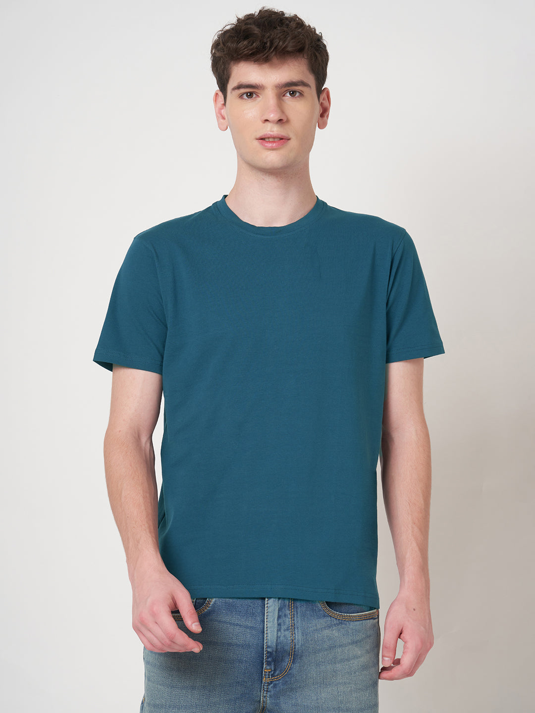 Stitch Hub Men's T-Shirt Cotton Lycra – Regular Fit, Round Neck, Solid Denim, Casual & Formal Wear, Breathable & Stretchable