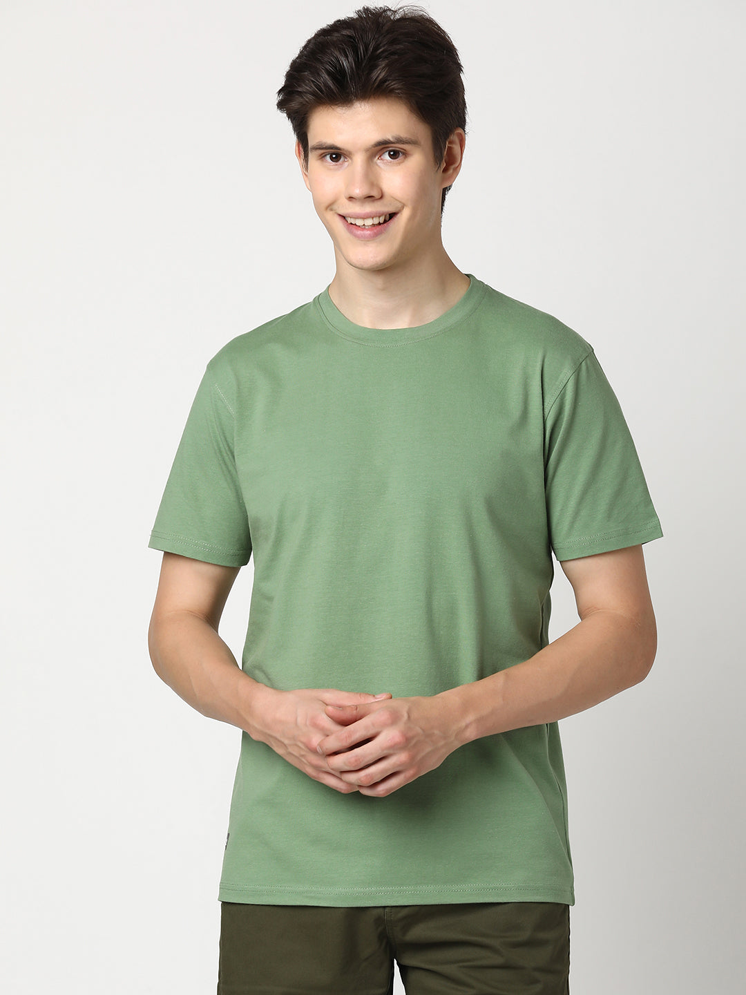 Stitch Hub Men's T-Shirt Cotton Lycra – Regular Fit, Round Neck, Solid Dark Pista, Casual & Formal Wear, Breathable & Stretchable
