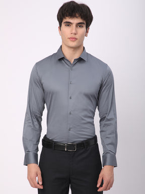 Stitch Hub Grey Satin Lycra Shirts For Men- Regular Fit With Solid Pattern