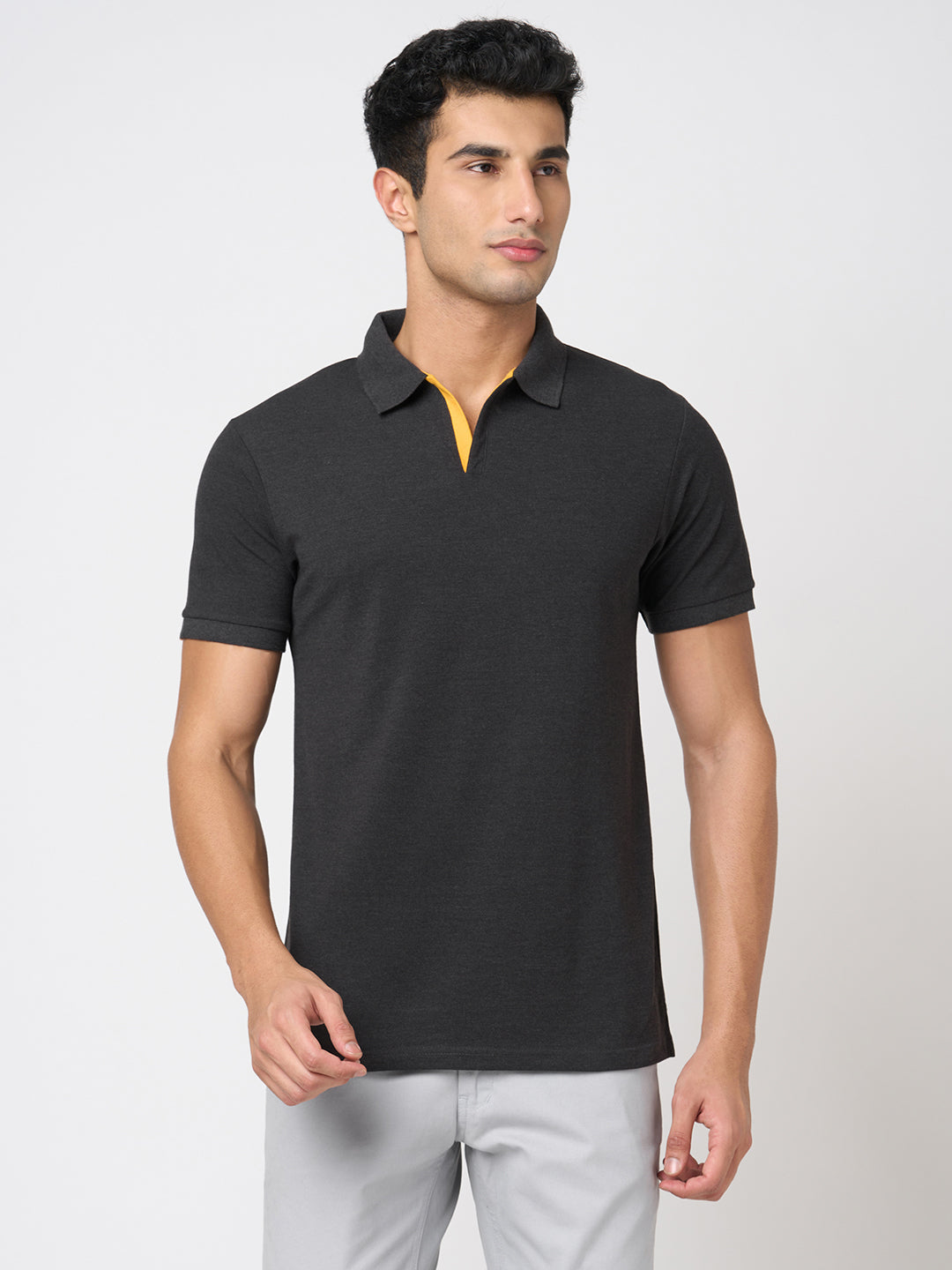 STITCH HUB Johnny Polo Men's Tshirt - Dark Grey Cotton Rich Blend, Breathable & Stylish for Casual and Formal Wear