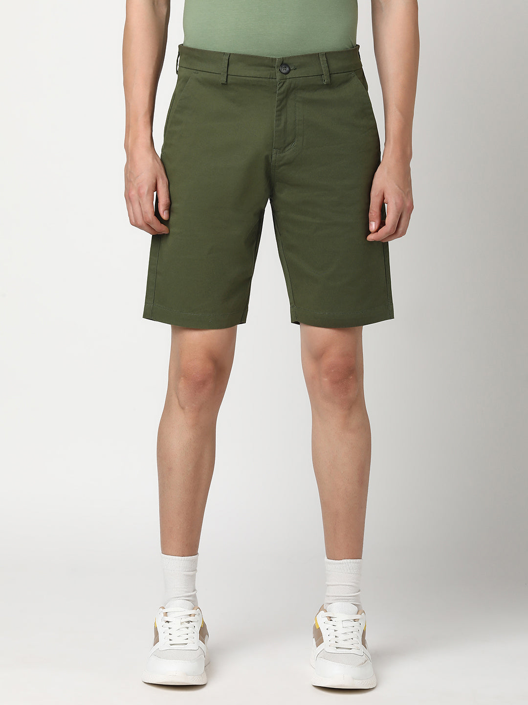 Stitch Hub Men's Olive Green Solid Cotton Shorts - Regular Fit