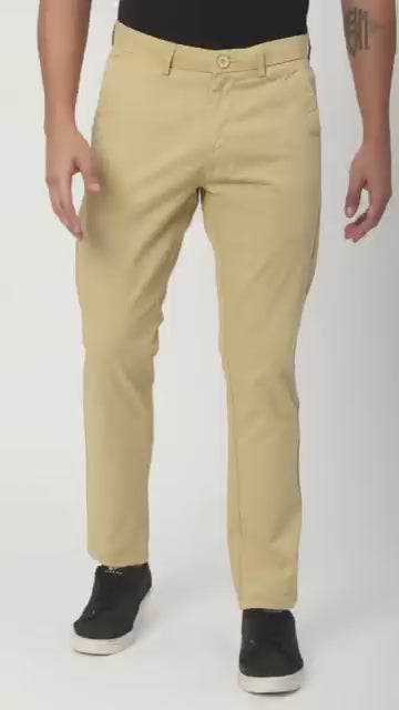 Stitch Hub Beige Fine Twill Cotton Chinos For Men- Regular Fit With Solid Pattern