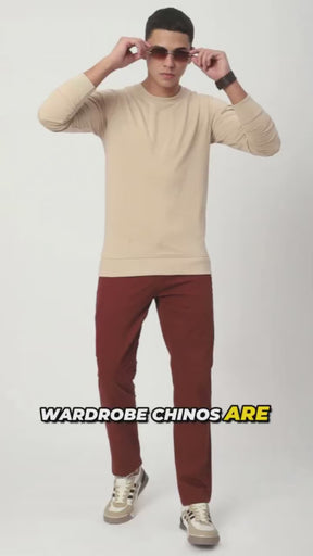 Stitch Hub Maroon Fine Twill Cotton Chinos For Men- Regular Fit With Solid Pattern