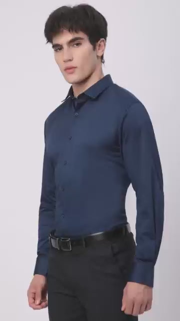 Stitch Hub Navy Blue Satin Lycra Shirts For Men- Regular Fit With Solid Pattern