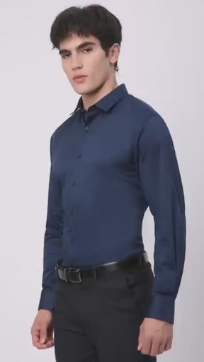 Stitch Hub Navy Blue Satin Lycra Shirts For Men- Regular Fit With Solid Pattern