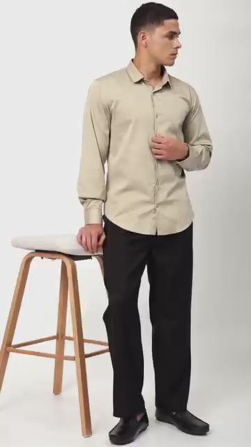 Stitch Hub Beige  Satin Lycra Shirts For Men- Regular Fit With Solid Pattern