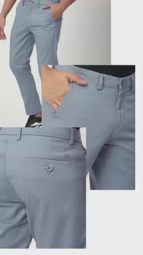 Stitch Hub Cobalt Blue Fine Twill Cotton Chinos For Men- Regular Fit With Solid Pattern