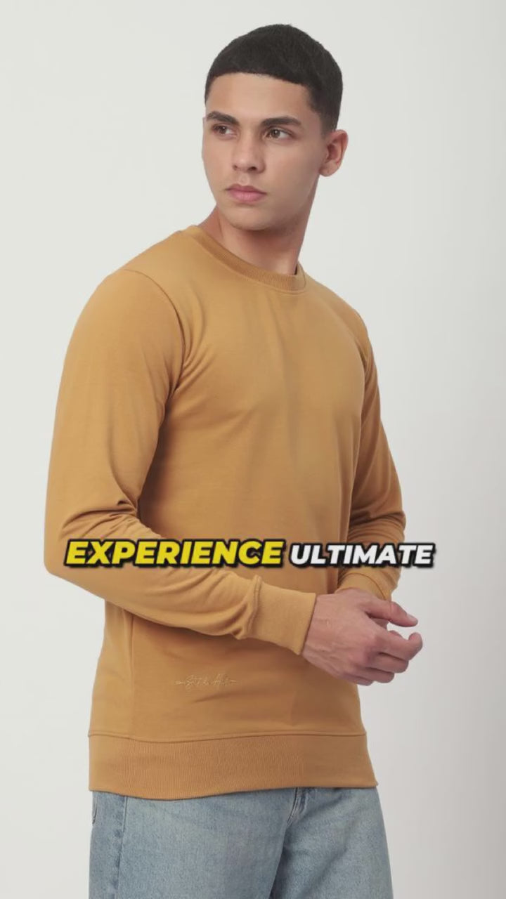 Stitch Hub Tan Loop Knit Sweatshirt For Men - Regular Fit With Solid Pattern